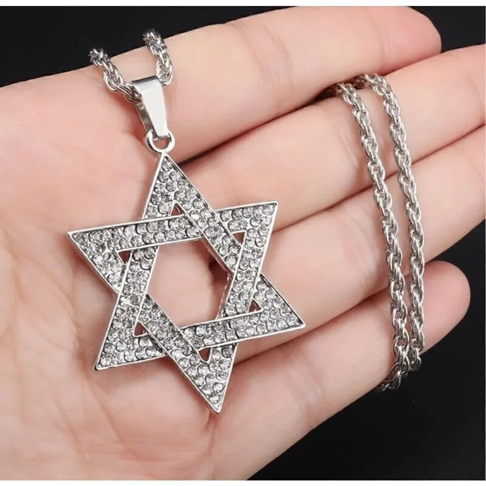 LARGE pendant Jewish Star crystals Magen David Necklace for Men and Women Gold